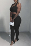 Black Sexy Casual Solid Backless Halter Sleeveless Two Pieces