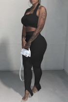 Black Sexy Casual Solid Backless Halter Sleeveless Two Pieces