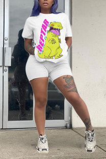 White Fashion adult OL Patchwork Print Character Two Piece Suits Straight Short Sleeve Two Pieces
