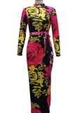 Multicolor Sexy Print Patchwork Zipper Collar Pencil Skirt Dresses