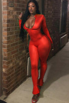 Red street Solid zipper Milk. Long Sleeve O Neck Jumpsuits