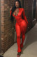Red street Solid zipper Milk. Long Sleeve O Neck Jumpsuits