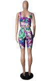 Blue Fashion Casual adult Patchwork Print Tie Dye Burn-out Two Piece Suits Lips Print pencil Sleeveless Two Pieces