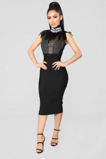 Black Sexy Fashion Tank Sleeveless O neck Step Skirt Knee-Length lace Patchwork Feather Club Dr