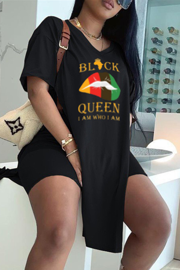 Black Fashion Casual Letter Lips Printed Slit V Neck Short Sleeve Two Pieces