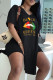 Black Fashion Casual Letter Lips Printed Slit V Neck Short Sleeve Two Pieces
