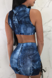 Blue Sexy Print Patchwork Mandarin Collar Sleeveless Two Pieces