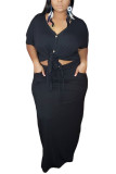 Black Fashion Sexy adult Ma'am V Neck Patchwork Solid Two Piece Suits Stitching Plus Size