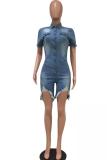 rose red Casual Fashion Solid Pocket Asymmetrical Button Short Sleeve Turndown Collar 