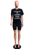 Black Casual Letter Print Fluorescent Straight Short Sleeve Two Pieces