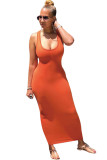 Black Fashion Sexy adult Black Orange Off The Shoulder Sleeveless Square Step Skirt Ankle-Length Patchwork bandage Solid backless Dresses