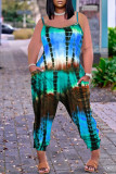 Red Fashion Casual Tie Dye Printing Spaghetti Strap Regular Jumpsuits