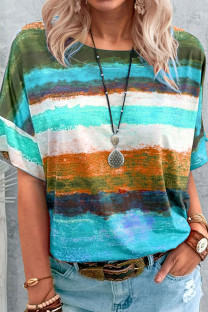 Lake Blue Fashion Casual Gradual Change Patchwork O Neck T-Shirts