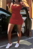 Red Sexy Solid Patchwork Square Collar Pencil Skirt Dresses