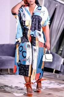 Colour Fashion Casual Print Asymmetrical Turndown Collar Three Quarter Two Pieces