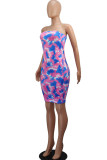 Light Blue Milk. Fashion Sexy adult Ma'am Green Pink Light Blue Light Purple Off The Shoulder Sleeveless Wrapped chest Step Skirt skirt Print Tie and dye Dresses