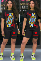 Black venetian Fashion Casual Print Two Piece Suits Straight Short Sleeve Two Pieces
