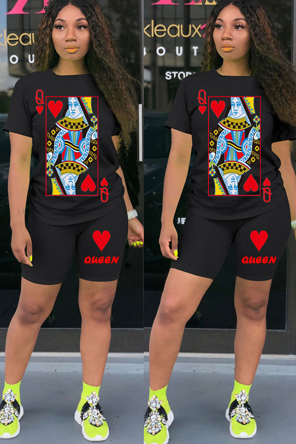 Black venetian Fashion Casual Print Two Piece Suits Straight Short Sleeve Two Pieces