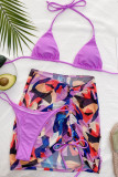 Purple Fashion Sexy Print Backless Swimwears Three-piece Set