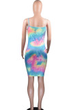 multicolor Sexy Spaghetti Strap Sleeveless Slip Step Skirt Mini Print Tie and dye Dresses
