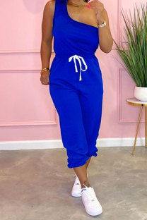 Royal blue Fashion Casual adult Patchwork Solid Bandage Two Piece Suits pencil Sleeveless Two Pieces