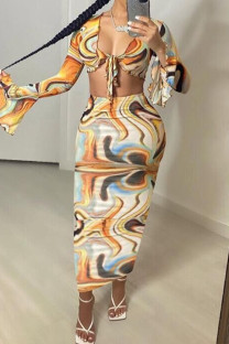 Yellow Fashion Sexy Print Bandage V Neck Long Sleeve Two Pieces