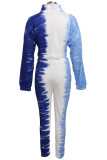 Blue Casual Print Patchwork Zipper Collar Long Sleeve Two Pieces
