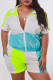 Blue Fashion Casual adult Ma'am Turndown Collar Patchwork Zippered Two Piece Suits Zipper Plus Size