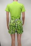 Green Casual Print Patchwork O Neck Short Sleeve Two Pieces
