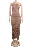 Coffee Sexy Fashion Off The Shoulder Sleeveless Wrapped chest Sheath Ankle-Length asymmetrical So