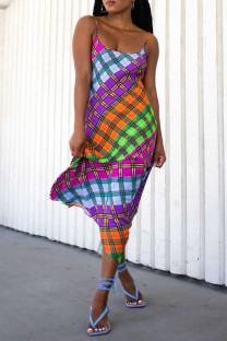 Colour Fashion Sexy Plaid Print Backless Spaghetti Strap Sleeveless Dress