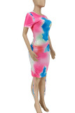 Colour Casual Tie Dye Patchwork Frenulum Fold O Neck Straight Dresses