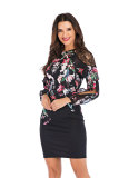 Black Fashion Long Sleeves O neck Straight Mini lace Patchwork Print 