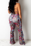 Purple Fashion Sexy Print Backless Strap Design Halter Sleeveless Two Pieces