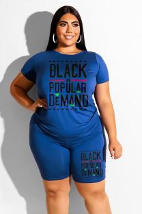 Blue Fashion Casual adult O Neck Letter Patchwork Print Two Piece Suits Plus Size