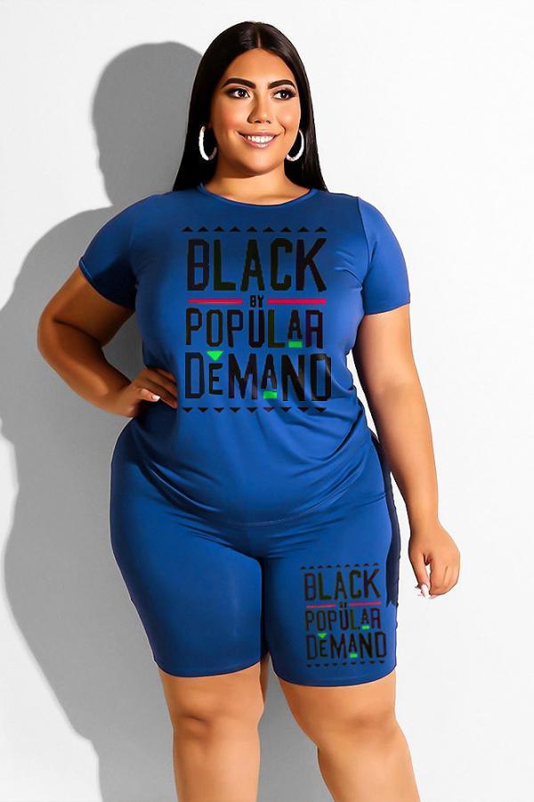 Blue Fashion Casual adult O Neck Letter Patchwork Print Two Piece Suits Plus Size