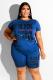 Blue Fashion Casual adult O Neck Letter Patchwork Print Two Piece Suits Plus Size