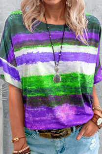 Purple Fashion Casual Gradual Change Patchwork O Neck T-Shirts