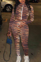 Brown Sexy Print Patchwork O Neck Long Sleeve Two Pieces