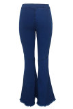 Dark Blue Denim Button Fly Sleeveless High Patchwork Solid Split Hole Boot Cut Pants Bottoms