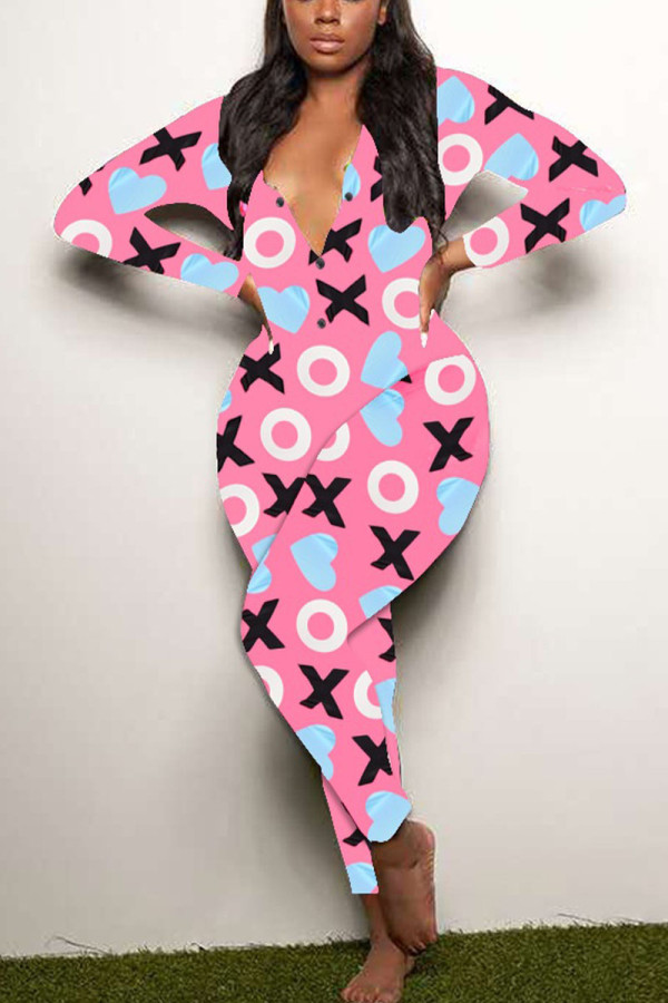 Pink Living Print V Neck Skinny Jumpsuits
