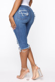Blue Denim Button Fly Mid Patchwork Solid Hole washing Old Straight Capris Bottoms