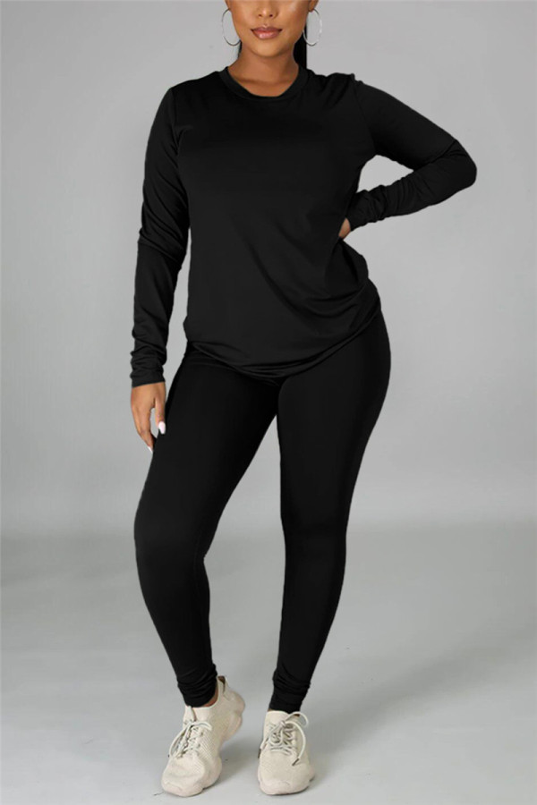 Black Casual Solid Basic O Neck Long Sleeve Two Pieces