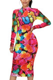 Yellow Fashion Casual Adult Print Patchwork O Neck Long Sleeve Knee Length A Line Dresses