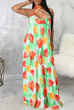 Green Sexy Print Patchwork Spaghetti Strap Printed Dress Dresses