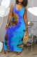 Blue Sexy Tank Sleeveless O neck Slim Dress Ankle-Length Print Tie and dye Dresses