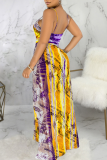Purple Sexy Print High Opening Spaghetti Strap Straight Dresses