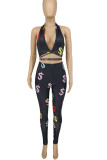 Black Sexy Print Patchwork Frenulum Backless Halter Sleeveless Two Pieces
