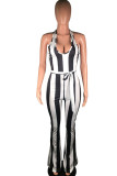 Black Fashion street Striped Backless Sleeveless V Neck Jumpsuits