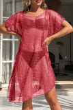 Red Sexy Pierced See-through Swimwears Cover Up